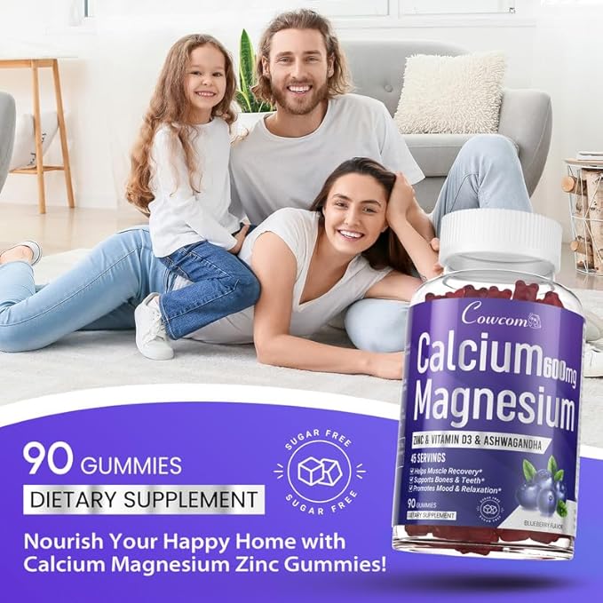 Calcium Magnesium Zinc Gummies for Kids Adults,High Absorption Magnesium Glycinate 300mg with Vitamin D3,B6,B12 for Bone,Muscles,Calm Mood,Sleep Support,Sugar-Free,Vegan,Blueberry Flavor,90 Counts
