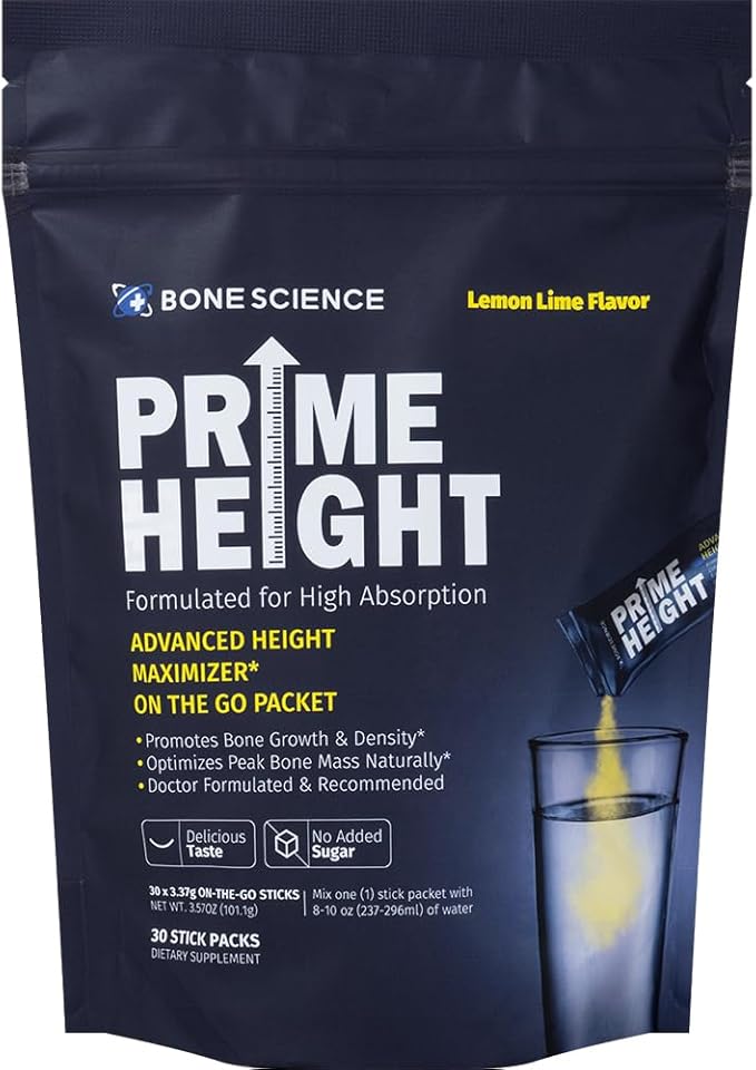 Prime Height Powder – Kids Daily Multivitamin with Calcium, Magnesium, Zinc, and Vitamins B6, B12, C, D3, E, K – 30 Sticks, Lemon Lime Flavor