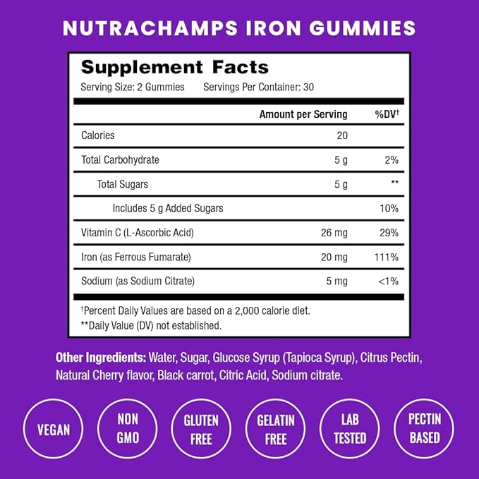 NutraChamps Iron Gummies with Vitamin C, 20mg Iron Gummies for All, Blood Cell Formation Support, 60 Gummies, Vegan Iron Gummy for Iron Deficiency & Anemia, Energy, Focus, Immune Boost