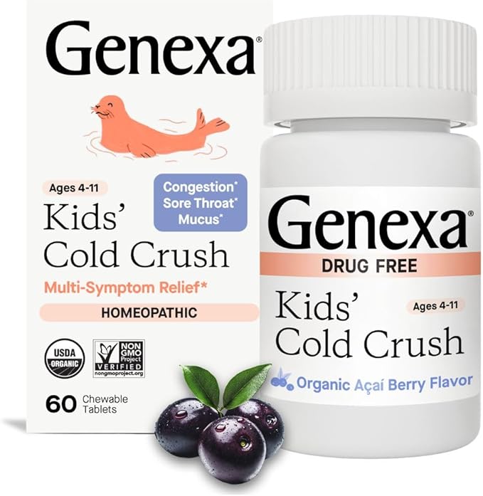 Genexa Kids Cold Crush | Multi-Symptom Cough & Cold, Sore Throat, Congestion Relief for Children | Acai Berry Flavor | Organic & Non-GMO | Homeopathic Remedy Made Clean | 60 Chewable Tablets Age 4-11