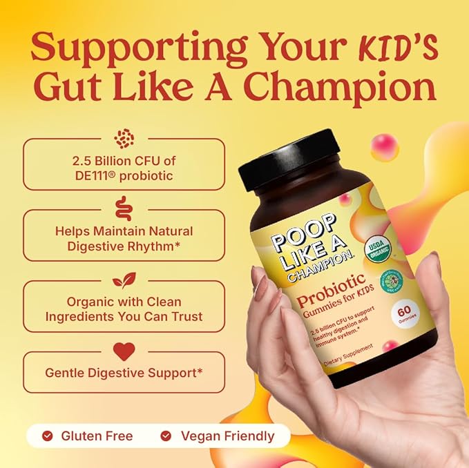 Poop Like a Champion Probiotic Gummies for Kids – USDA Organic, Vegan, Non-GMO, Gentle Digestive Health Support, 60 Gummies