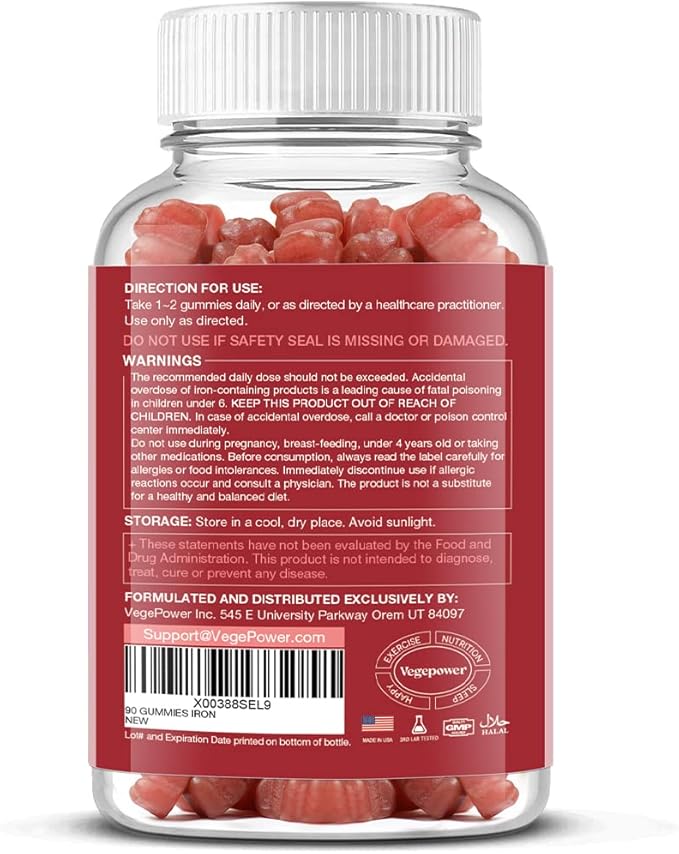 Vegan Iron Gummies Supplement - with Vitamin C, A, B-Complex, Folate, Zinc for Adults & Kids - Health Blood & Energy Support for Iron Deficiency, Anemia, No After Taste - Peach Flavor (90 Ct)