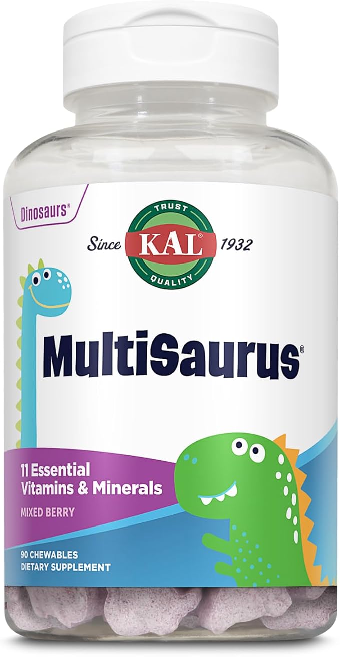 KAL MultiSaurus Kids Chewable Multivitamins, 11 Essential Vitamins and Minerals for Kids, Mixed Berry Flavor, Gluten and Preservative Free, 90 Servings, 90 Dinosaur-Shaped Chewables