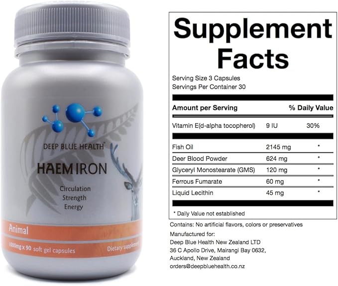 New Zealand Heme Iron Supplement - 1000mg x 90 Soft Gel Capsules - Iron Deficiency Supplement for Anemia - Deer Blood w/ Ferrous Fumarate - Supports Energy, Strength and Circulation for Men and Women