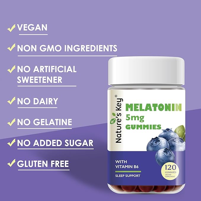 Nature's Key Melatonin Gummies for Kids & Adults, 2.5mg 5mg or 10mg Dose Gummy with Vitamin B6, Natural Blueberry Flavor 120 Ct