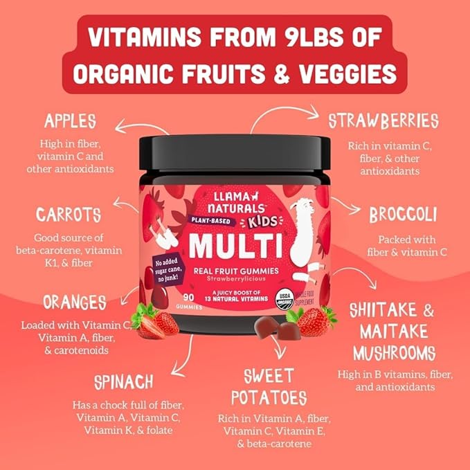 Llama Naturals Real Fruit Multivitamin Gummies | Kids & Women's Whole Food-Based Vitamins | No Added Cane Sugar | Organic, Vegan, Chewable | 90 ct & 120 ct | Strawberry