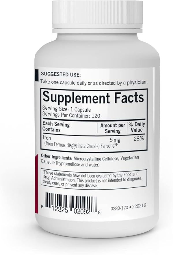 Kirkman - Iron Ferrochel 5mg - 120 Capsules - Aids Hemoglobin & Myoglobin Production - Supports Red Blood Cells Formation - Hypoallergenic