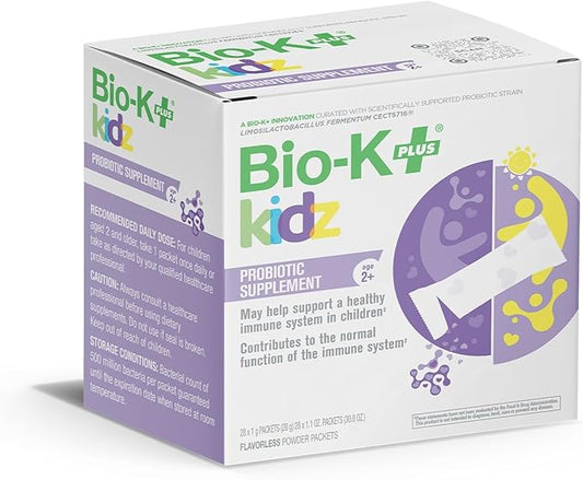 Bio K+ Daily Probiotic for Kids, Probiotic Powder with Limosilactobacillus fermentum LC40® and Vitamin D3, Shelf-Stable, Non GMO, Gluten Free - 28 Single-Serve Packets