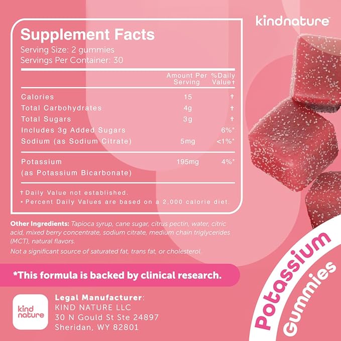 Kind Nature High Potassium Supplement Gummies 500mg - Chewable for Adults & Kids - Pure Potassium Bicarbonate Mineral Supplement - Vegan, Gluten Free, Non GMO - 60 Gummies (30 Day Supply)