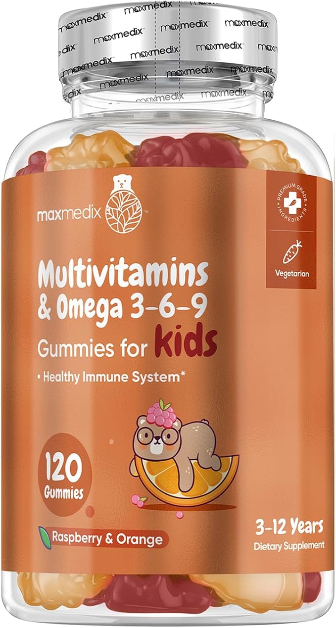 Kids Multivitamin Gummies with Omega 3 6 9-120 Gummies (60 Servings) - Essential Kids Vitamin A, C, D & B12, Minerals & Nutrients - Natural Raspberry & Orange Flavor - Third-Party Tested