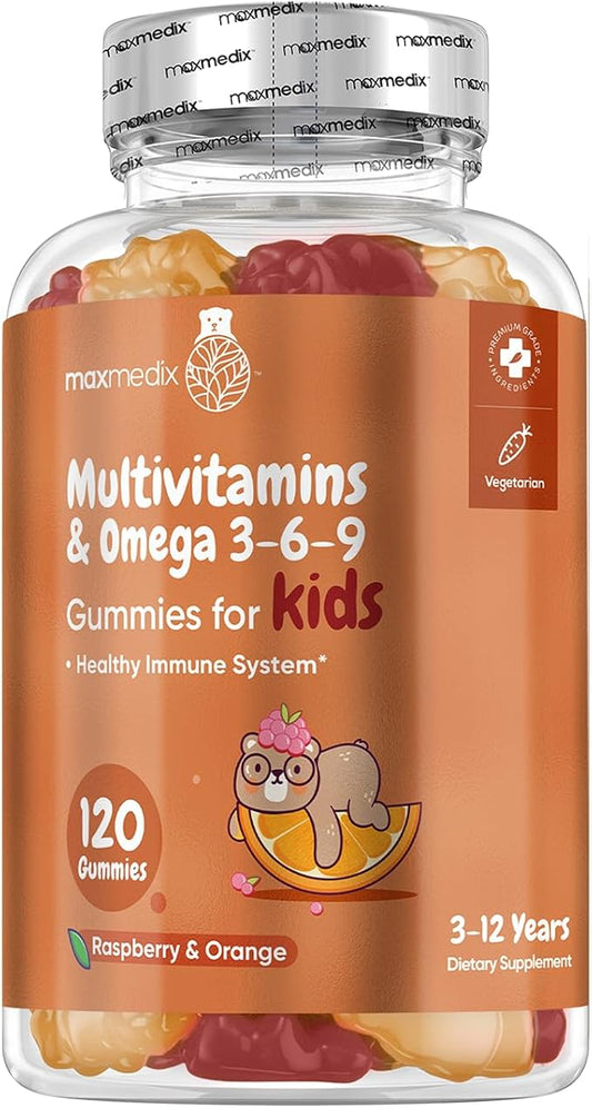 Kids Multivitamin Gummies with Omega 3 6 9-120 Gummies (60 Servings) - Essential Kids Vitamin A, C, D & B12, Minerals & Nutrients - Natural Raspberry & Orange Flavor - Third-Party Tested