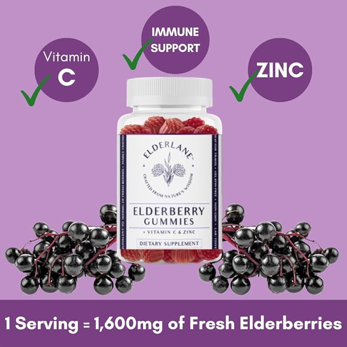 Elderberry Gummies for Adults and Kids - Vitamin C and Zinc – Immune Support - Non-GMO, Vegan, Gluten-Free, Gelatin-Free - 60ct, 100mg