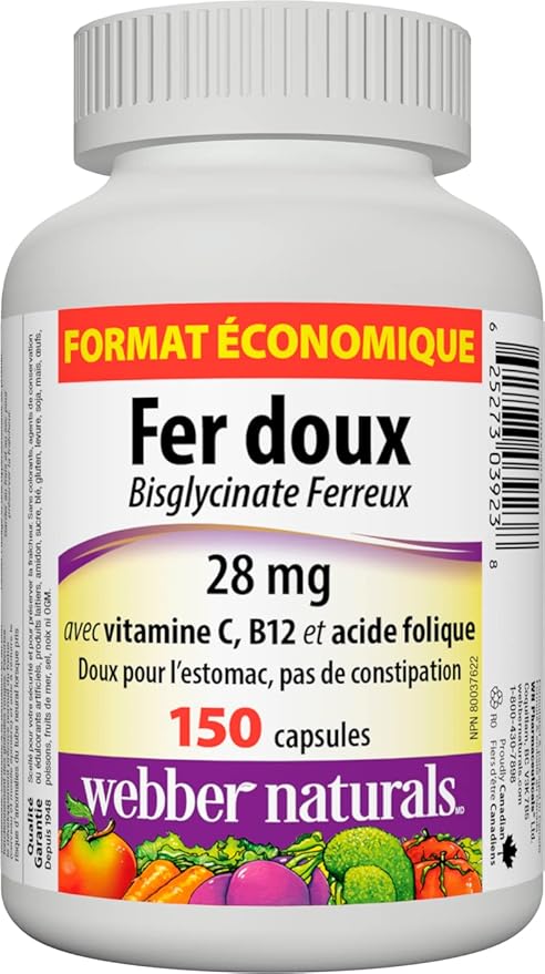 Webber Naturals Gentle Iron Supplement with Vitamin C, B12 and Folic Acid, 28 mg, 150 Capsules, Stomach-Friendly, Non-Constipating, Helps Prevent Iron Deficiency Anemia