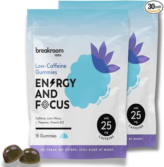 Energy and Focus Gummies – Low Caffeine 25mg w/L-Theanine, Lions Mane, Vitamin B12 – Nootropic Brain Supplement for Adults, Kids - Vegan, Low Sugar, Blue Raspberry Flavor, 30 Servings