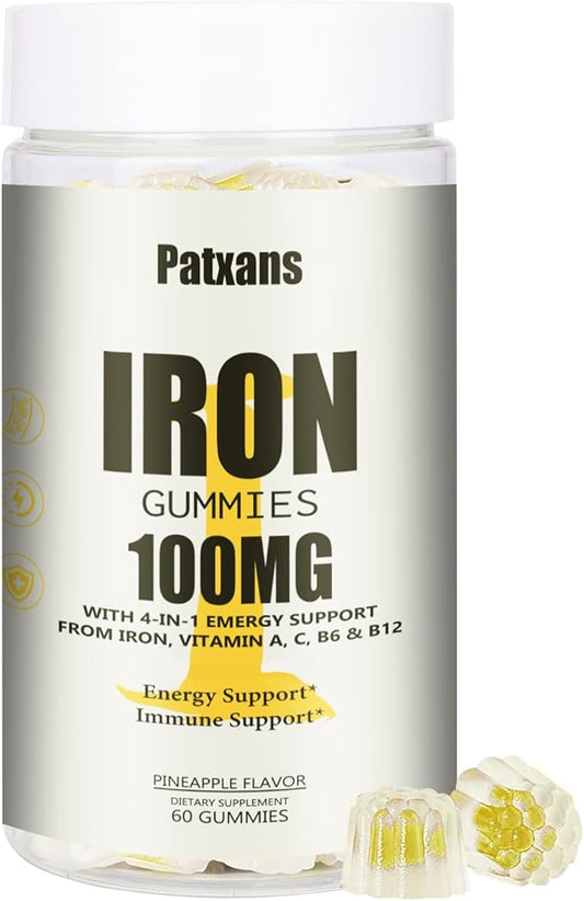 1 Pack 100MG Iron Supplement Gummies for Women & Men - with Vitamin A, C, B - Energy Support for Iron Deficiency, Anemia, Adults ＆ Children, Pineapple Flavor Gummy, 60ct