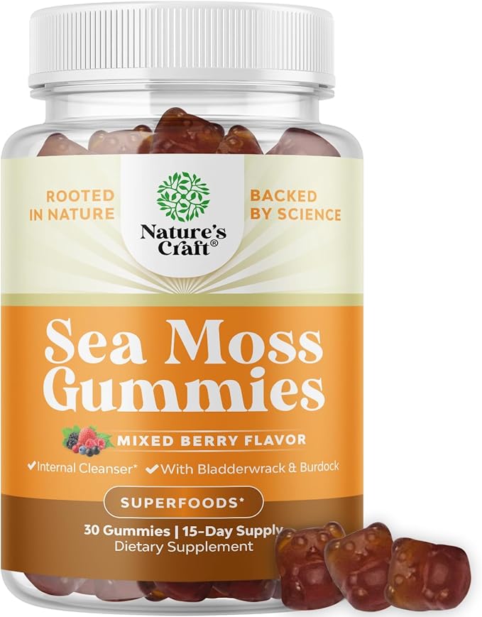 Natures Craft Sea Moss Gummies for Adults and Kids - Vegan Adult and Kids Immune Support Gummies with Burdock Bladderwrack Sea Moss Gel - Delicious Berry Flavor Supplement Men Women Children 30ct
