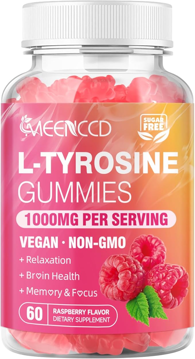 L-Tyrosine Gummies, 1000mg L-Tyrosine Supplement for Kids & Adults, Focus Gummies, Energy & Memory Support, Non-GMO, Sugar-Free, Raspberry Flavor, 60 Count