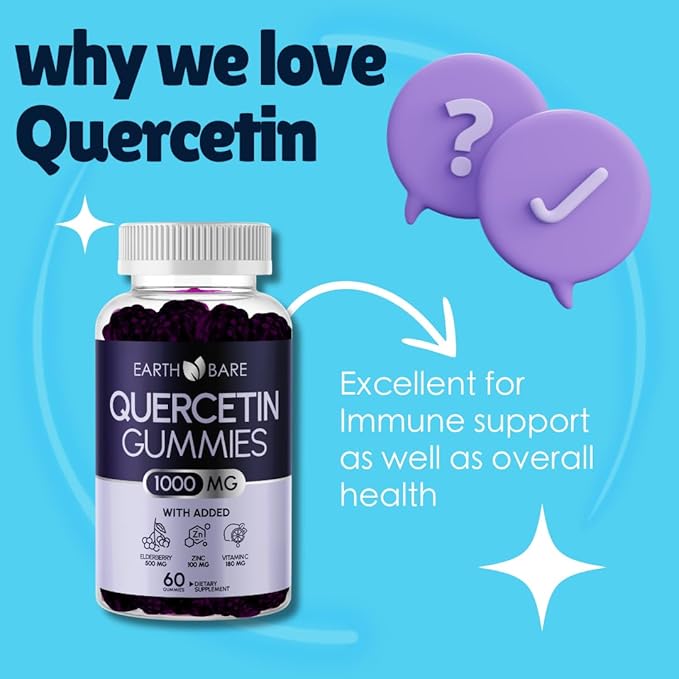 Quercetin Extra Strength Gummies + Vitamin C + Zinc + Elderberry Adults, Kids Boosted Immune Support | High-Potency Zinc Quercetin Gummies, Immunity Support | 1 Month Supply