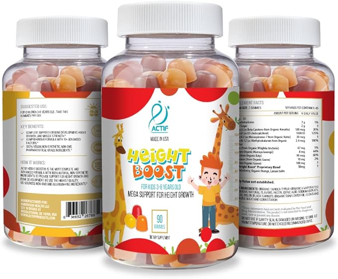 Actif Height Boost Mega Support for Kids 3-8 Years Old, Height Growth with 10+ Factors, 60 Gummies, Strawberry Flavor, Get Tall Fast Formula