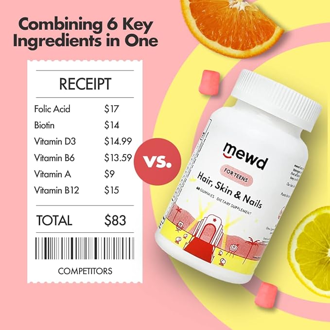 MEWD Teen and Kids Hair, Skin+Nails Daily Multivitamin Gummy Strengthener Formula - Chewable Vitamin Supplements with Biotin,Zinc,Vitamins A, B, & D3 for Girls & Boys, 60, Made in USA