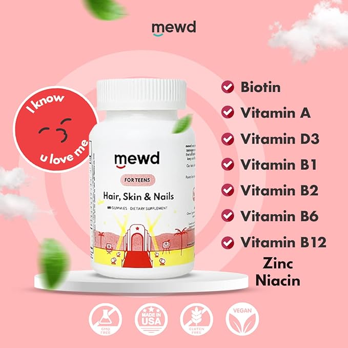 MEWD Teen and Kids Hair, Skin+Nails Daily Multivitamin Gummy Strengthener Formula - Chewable Vitamin Supplements with Biotin,Zinc,Vitamins A, B, & D3 for Girls & Boys, 60, Made in USA