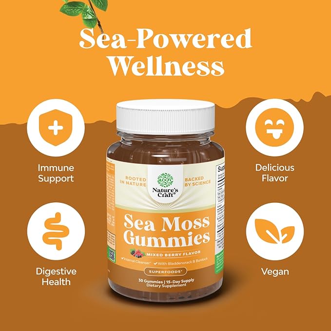 Natures Craft Sea Moss Gummies for Adults and Kids - Vegan Adult and Kids Immune Support Gummies with Burdock Bladderwrack Sea Moss Gel - Delicious Berry Flavor Supplement Men Women Children 30ct