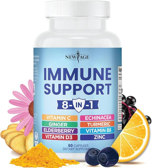 NEW AGE 8 in 1 Immune Support Booster Supplement with Echinacea, Vitamin C and Zinc 50mg, Vitamin D 5000 IU, Turmeric Curcumin & Ginger, B6, Elderberry 60 Count (Pack of 1)