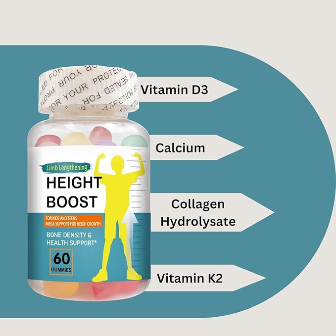 Height Boost Bone Growth Gummies for Kids & Teens – Natural Growth Support with Calcium, Vitamin D3, K2, Collagen Hydrolysate & Herbal Blend – Bone Strength & Height Supplement – 60 Gummies
