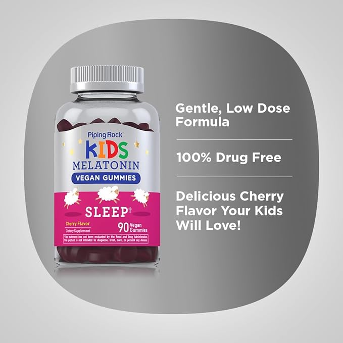 Piping Rock Kids Melatonin Gummies | 1mg | 90 Count | Supplement for Children | Cherry Flavor | Vegan, Non-GMO, Gluten Free