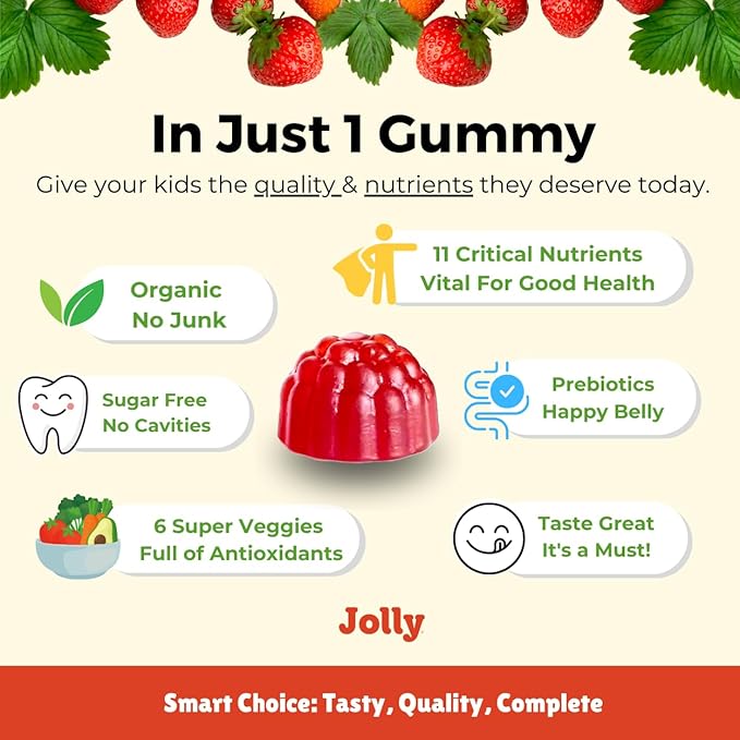 Jolly Kids Multivitamins – 2-Month Supply – Sugar-Free, Organic, Plant-Based Gummies for Kids Age 3+ – No Sugar Alcohols – 1 Gummy per Day – Non-GMO, No Artificial Sweeteners