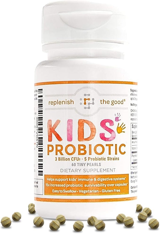 Kids Vegan Probiotics, 60 Tiny Pearls - Antibiotic Recovery - Helps Support Kids' Immune & Digestive System - 15x More Effective Than Gummies - Sugar Free, Easy to Swallow