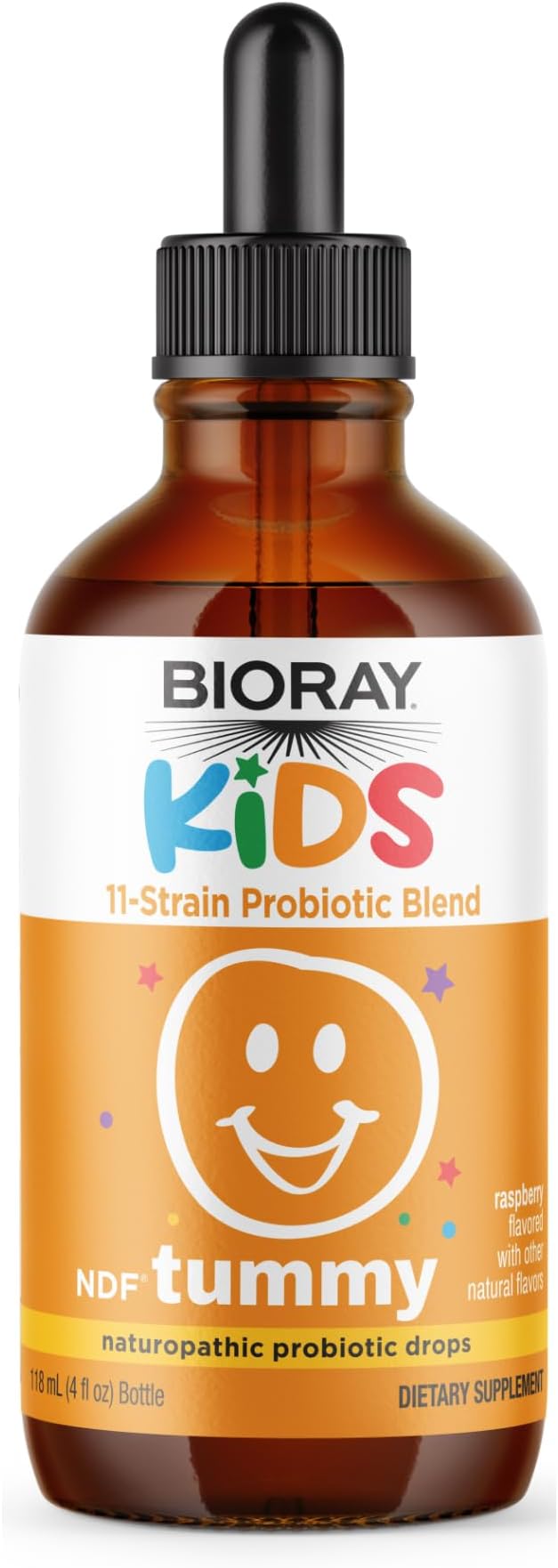 BIORAY Kids NDF Tummy, Raspberry - 4 fl oz (120 mL) - 11-Strain Probiotic Blend - Supports The Immune Response in The GI Tract - Non-GMO, Vegan, Gluten Free - Approx. 120 Servings