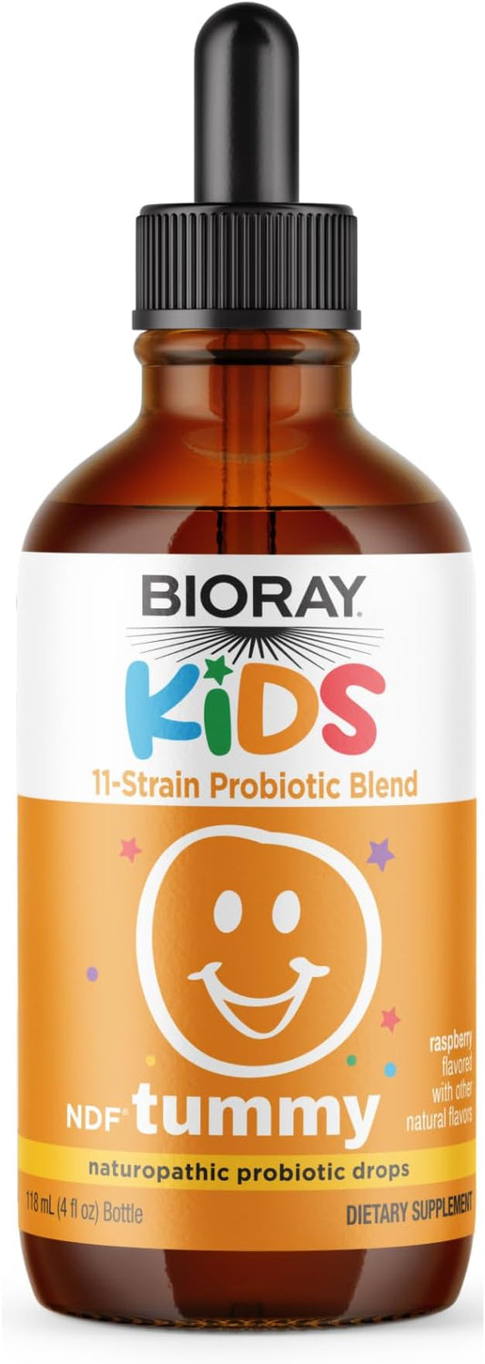 BIORAY Kids NDF Tummy, Raspberry - 4 fl oz (120 mL) - 11-Strain Probiotic Blend - Supports The Immune Response in The GI Tract - Non-GMO, Vegan, Gluten Free - Approx. 120 Servings