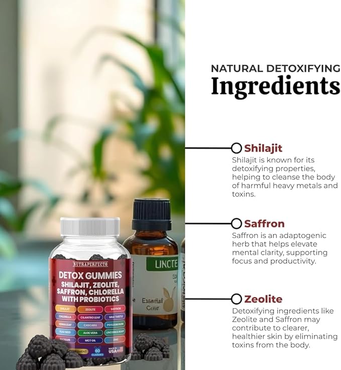 Sugar Free Zeolite Detox Gummies Shilajit Saffron Probiotics Chlorella Psyllium Husk Saffron Senna Leaf Magnesium Citrate Zinc Milk Thistle Heavy Metal Kids Adults Energy and Focus