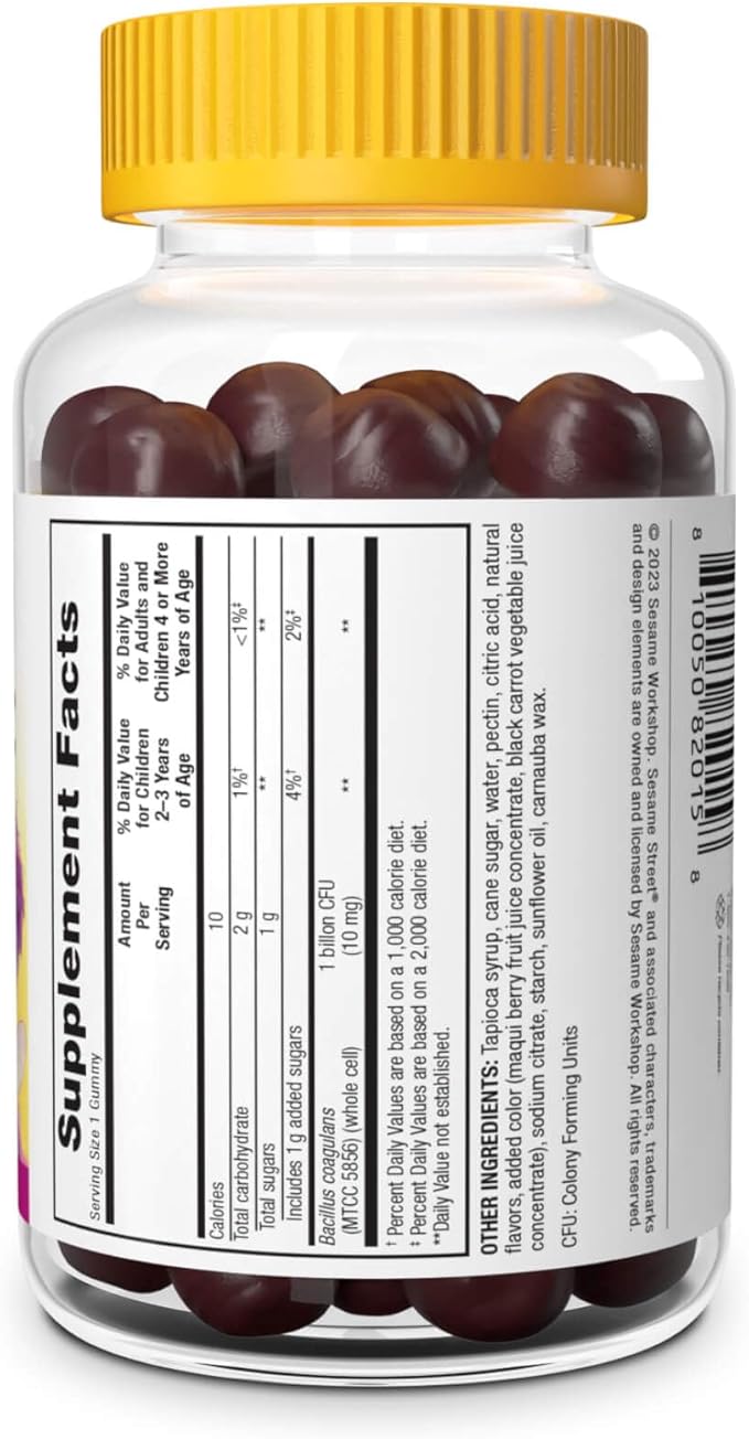 Webber Naturals Sesame Street Healthy Tummy Probiotics for Kids, 1 Billion Active Cells per Gummy, 50 Gummies, for Digestive Health, Free of Gluten, Dairy, Peanut & Gelatin, Vegan