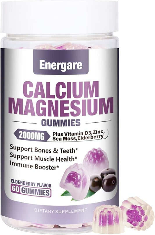 1 Pack Calcium Magnesium Zinc Gummies with Vitamin D3, Sea Moss, Calcium Gummies for Bone, Muscles, Calm Mood Support, Supplements for Kids & Adults, Elderberry Flavor, 60ct