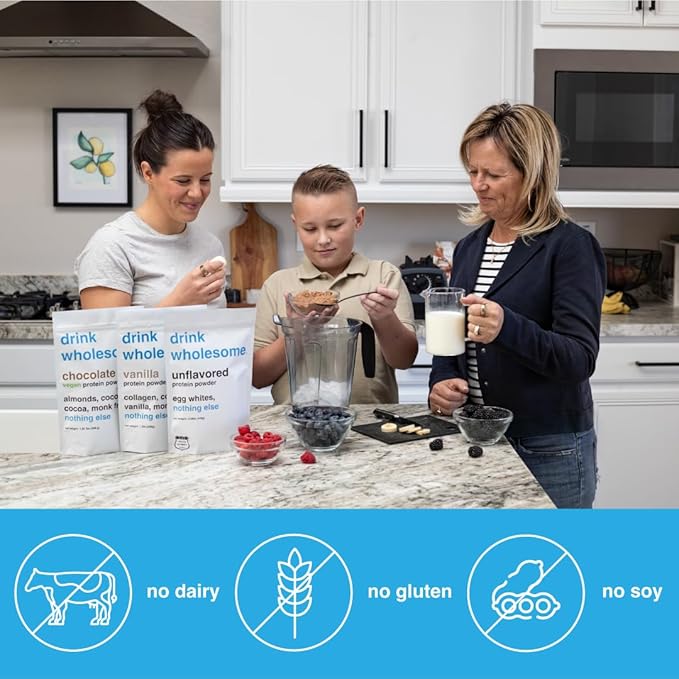 drink wholesome Vegan Unflavored Almond Protein Powder | for Sensitive Stomachs | Gut Friendly | Dairy Free | No Artificial Sweeteners or Stevia | Low Sodium, Paleo & Plant Based | for Kids & Seniors