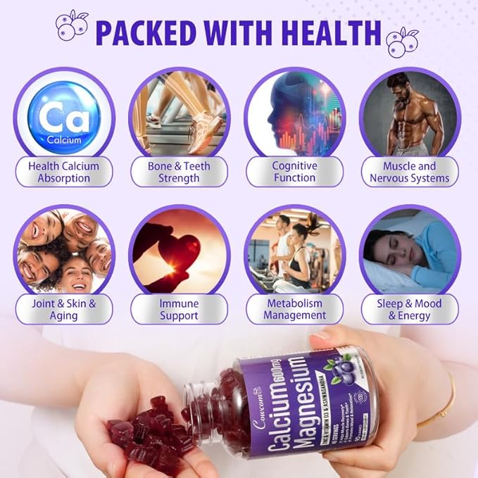 Calcium Magnesium Zinc Gummies for Kids Adults,High Absorption Magnesium Glycinate 300mg with Vitamin D3,B6,B12 for Bone,Muscles,Calm Mood,Sleep Support,Sugar-Free,Vegan,Blueberry Flavor,90 Counts