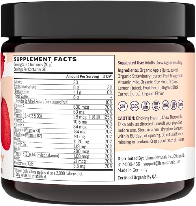 Llama Naturals Real Fruit Multivitamin Gummies | Kids & Women's Whole Food-Based Vitamins | No Added Cane Sugar | Organic, Vegan, Chewable | 90 ct & 120 ct | Strawberry