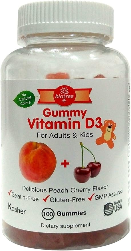 Vitamin D Gummy Bears - Pack of 100, for Adults & Kids | Peach & Cherry Flavored Chewable Vitamin D3 | Great for Healthy Bones, Teeth, Immune System, Brain and Nervous System