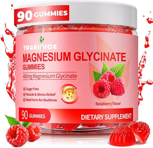 Magnesium Glycinate Gummies 400mg for Adult & Kids，90 Ct Sugar Free Magnesium Gummies with Potassium Magnesium Supplement for Women & Men，Sleep Msucle & Engergy Support，Raspberry Flavor