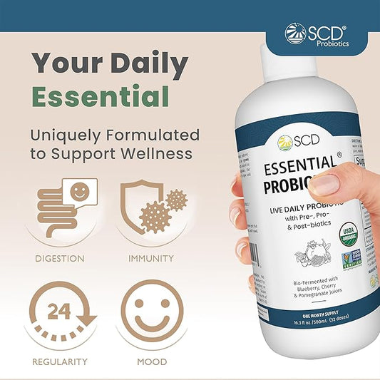SCD Essential Probiotics for Women, Men, Kids and Toddlers, Live Probiotic for Digestion and Immunity, Gut Health Liquid Probiotic Supplement with 11 Strains – 16.3 fl oz (3 Pack)
