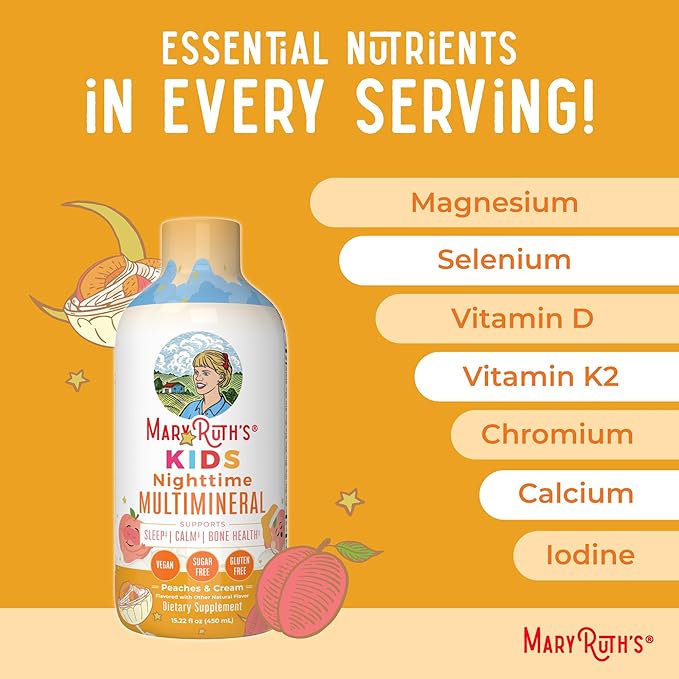 MaryRuth's Liquid Multivitamin (Apple Berry) & Nighttime Multimineral (Peaches & Cream) for Kids | Clean Label Project Verified® | Vitamins for Energy, Muscle Relaxation, & Overall Wellness | Vegan