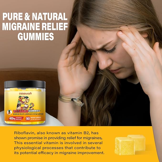 Vitamin B2 Gummies- Riboflavin 400mg with Magnesium & CoQ10 for Kids & Adults, Migraine Relief & Headache Relief - Pineapple Flavor, 90 Chewable Gummies