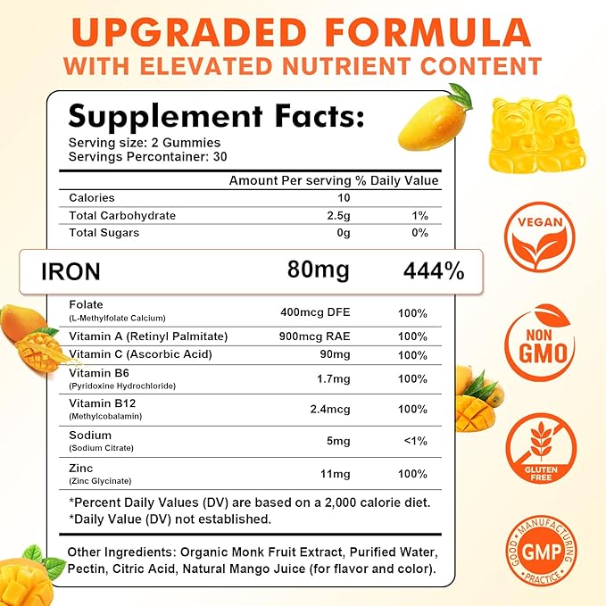 Iron Gummies for Women & Men - Vegan Iron Supplement for Anemia & Iron Deficiency, with Vitamin B12, Vitamin C, Zinc, Folate - Energy Boost, Sugar-Free, Mango Flavor, 60 Count