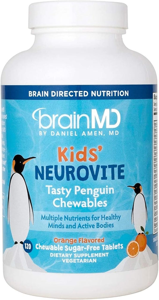 BRAINMD Dr Amen Kids’ NeuroVite, Orange Flavor - 120 Penguin-Shaped Chewables - Multivitamin & Mineral Supplement - Promotes Healthy Development & Growth - Gluten Free - 60 Servings