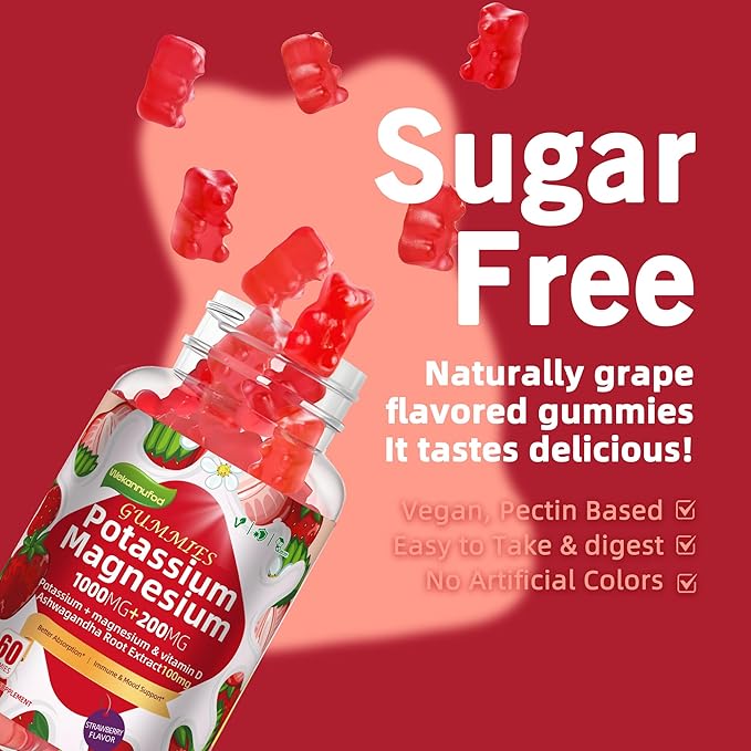 Potassium Magnesium Gummies,High Absorption Magnesium Glycinate,B6,D3,Potassium Citrate for Leg Cramps,Muscle,Electroyte for Adults Kids,Sugar-Free, 60 Gummies (Strawberry Flavor)