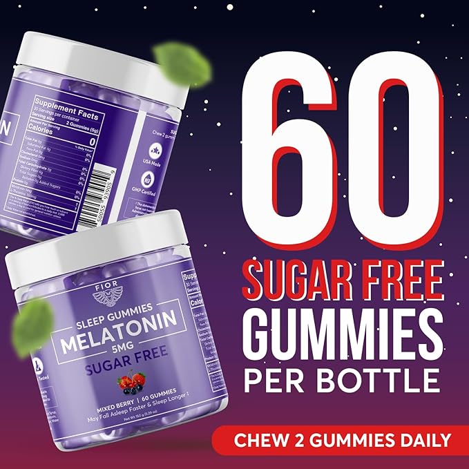 FIOR Sugar Free 60-Count Sleep Aid & Calm Gummies, Melatonin Gummies Sleep Aids for Adults & Kids. Gummy Vitamins for Sleep. Adults & Kids Melatonin & L-Theanine Gummies Natural Herbal Sleep Aid.