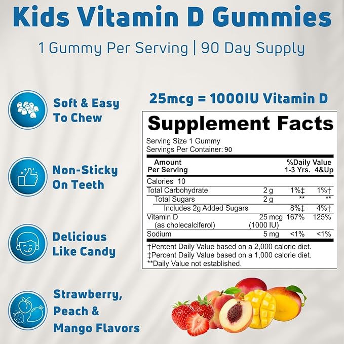 Kids Vitamin D Gummies (90 Day Supply) Vitamin D3 for Kids (1000IU) to Support Strucutre, Muscle Functions & Immune System. Delicious & Vegetarian Vitamin D for Kids