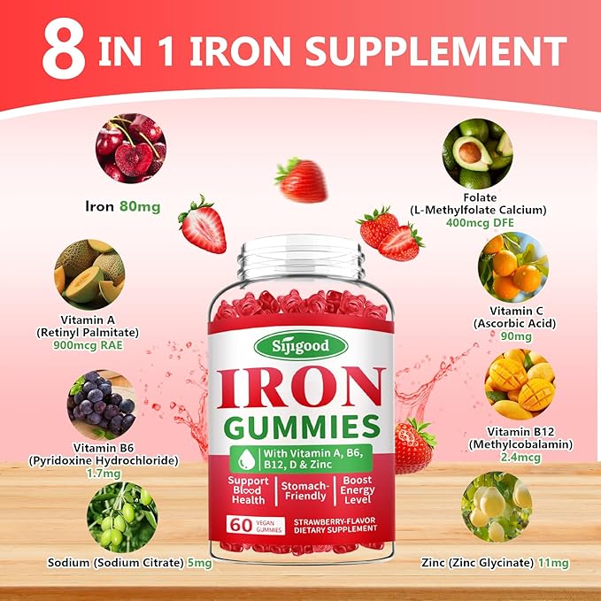 Iron Gummies for Women & Men - Vegan Iron Supplement for Anemia & Iron Deficiency, with Vitamin B12, Vitamin C, Zinc, Folate - Energy Boost, Sugar-Free, Strawberry Flavor, 60 Count